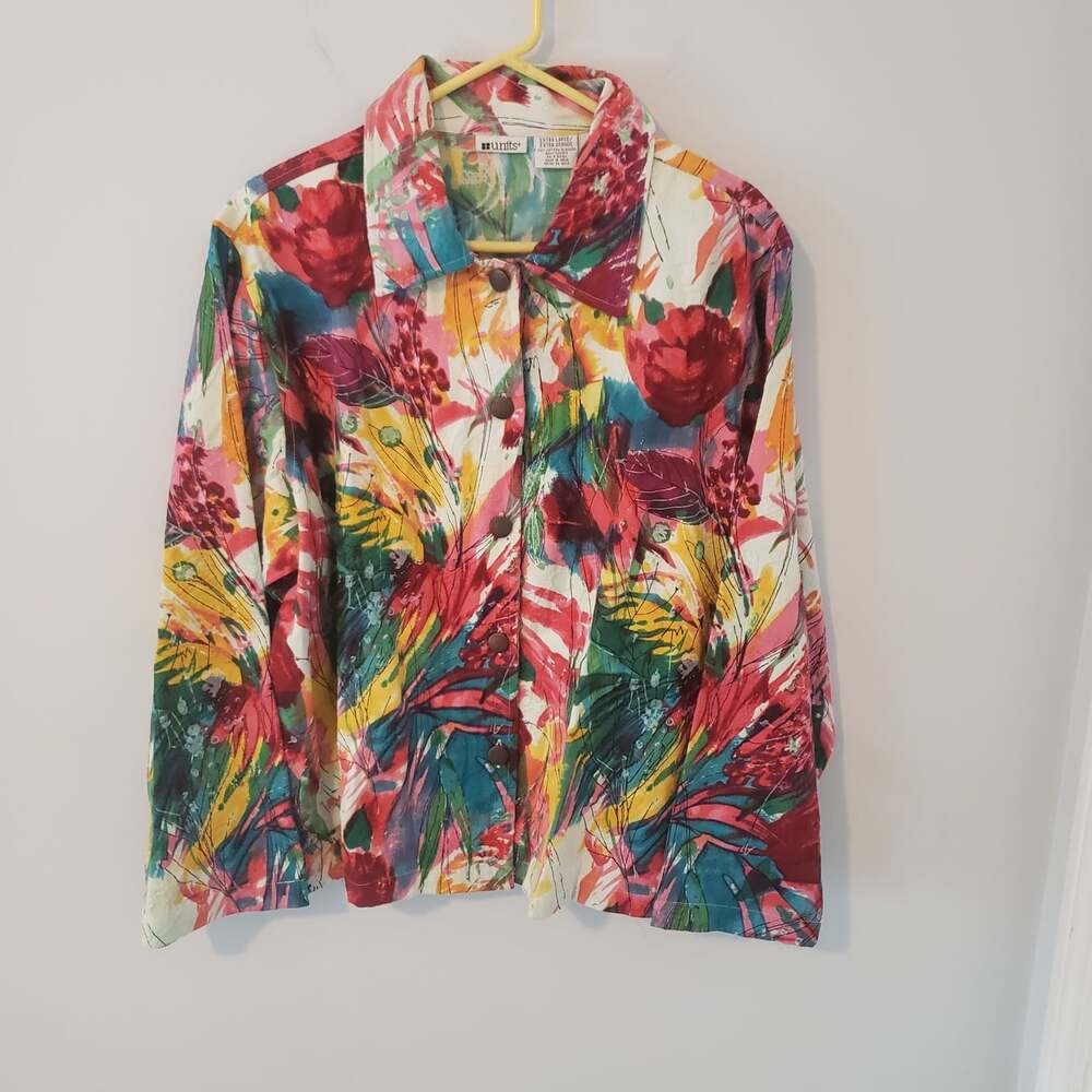 Jacket Womens XL By Units bright Floral Multicolor Bold Button Up Gorgeous EUC